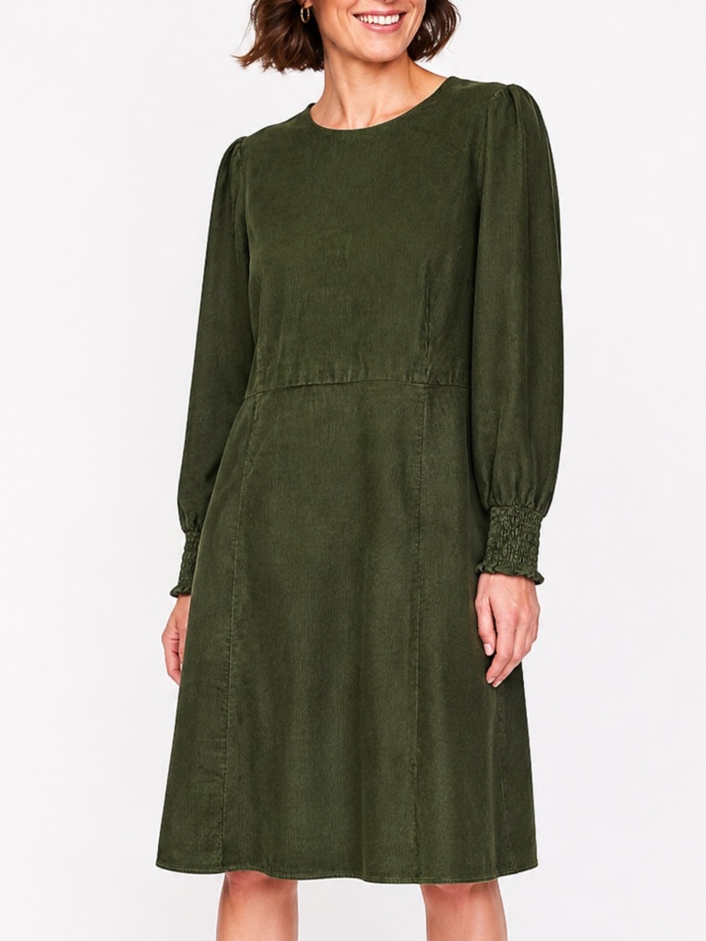 Boden Green Corduroy Smocked Ruffle Sleeve Midi Dress 20 Long 22 Long